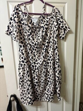 Cold-Shoulder Midi Dress in Black and Cream Animal Print